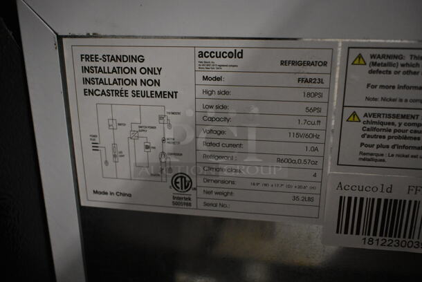 Accucold FFAR23L Metal Mini Cooler. 115 Volts, 1 Phase. Tested and Powers On But Does Not Get Cold
 - Image 3 of 4