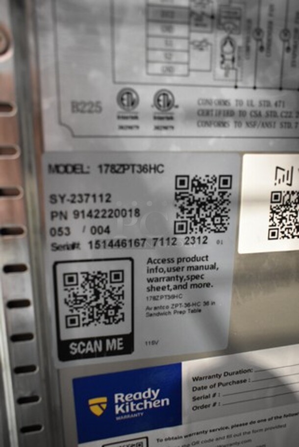 BRAND NEW SCRATCH AND DENT! 2023 Avantco 178ZPT36HC Stainless Steel Commercial Sandwich Salad Prep Table Bain Marie Mega Top. 115 Volts, 1 Phase. Tested and Working! - Image 7 of 7