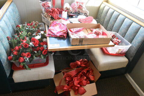 Wall Mount Table w/ Contents Including Valentines Day Decor. BUYER MUST REMOVE: Bring Tools and Manpower Needed To Remove This Item. (booth room) 