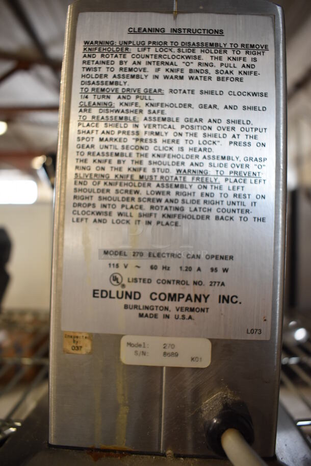 Edlund 270 Stainless Steel Commercial Countertop Electric Powered Can Opener. 115 Volts, 1 Phase. 8x12x10. Tested and Working! - Image 4 of 7