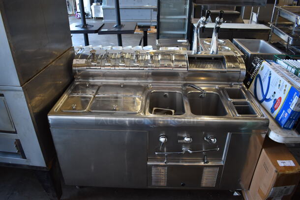 ANTIQUE! Fischman Stainless Steel Commercial Prep Station w/ 2 Hinge Doors, 5 Pumps in Bar Topping Rail, 2 Sink Basins. Does Not Have Compressor. 57x32x56. Bays 10x14x10