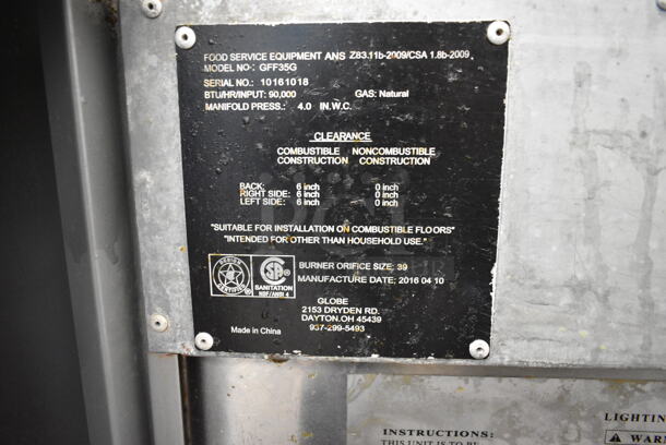 Globe GFF35G Stainless Steel Commercial Floor Style Natural Gas Powered Deep Fat Fryer. 90,000 BTU.  - Image 5 of 6