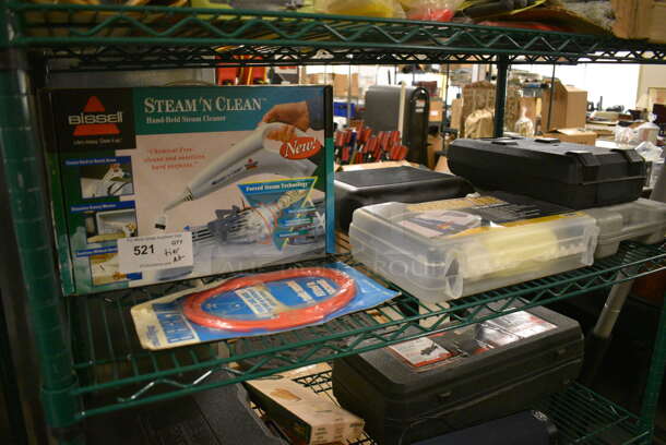 ALL ONE MONEY! Tier Lot of Various Items Including Bissell Hand Held Steam Cleaner, System One Car Care Products, Inter Compressor Portable Air Pump, Interdynamics Air Compressor Traveler, and Plier Kit - Image 1 of 8