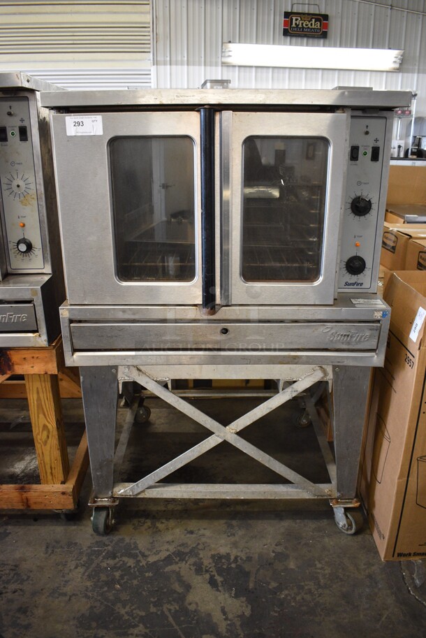 Garland SunFire Stainless Steel Commercial Natural Gas Powered Full Size Convection Oven w/ View Through Doors, Metal Oven Racks and Thermostatic Controls on Stand w/ Commercial Casters. 40x41x63