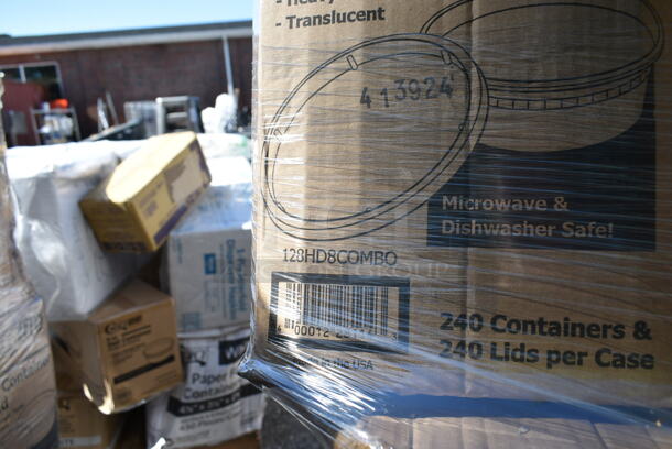 PALLET LOT of 27 BRAND NEW Boxes Including 612613245HD Choice Half Size Heavy-Duty Foil Steam Pan Deep 2 9/16" Depth - 100/Case, 130WSPOON Choice Medium Weight White Plastic Teaspoon - 1000/Case, 500CC32LEM Carnival King 32 oz. PET Lemonade Cup - 500/Case, 128HD8COMBO Choice Heavy Duty 8 oz. Microwavable Translucent Plastic Deli Container and Lid Combo Pack - 240/Case, 130WBKFORKH Choice Black Heavy Weight Wrapped Plastic Fork - 1000/Case, 130BKFKSNSPH Choice Black Heavy Weight Wrapped Plastic Cutlery Pack with Napkin and Salt and Pepper Packets - 500/Case, 500TW7 Choice 8" Clear Round Plastic Dome Lid - 500/Case, 2 Box 129MCS242CB Choice 30 oz. Black 8 3/4" x 6" x 2 3/4" 2-Compartment Rectangular Microwavable Heavy Weight Container with Lid - 150/Case, 2 Box Genpak 26600 13" x 4 1/2" x 3" White Extra Large Hinged Lid Foam Hoagie / Sub Container - 200/Case, 127SB24COMBO Choice 24 oz. Clear Plastic Salad Bowl with Lid - 150/Case, 2 Box RWP0022C300 Square Kova Cups, 127DM12BULK Choice 12 oz. Ultra Clear PET Plastic Round Deli Container - 500/Case, 612P558 Choice 8" Clear Round Plastic Dome Lid - 500/Case. 27 Times Your Bid!  - Image 5 of 12