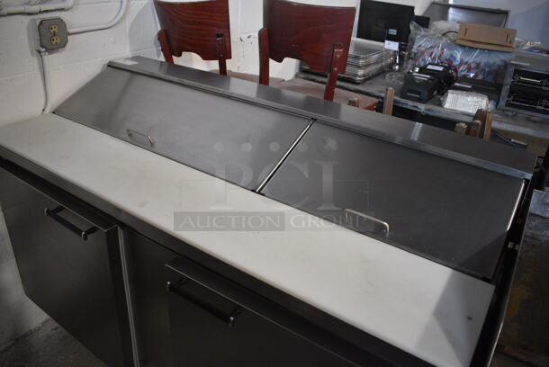 Beverage Air Stainless Steel Commercial Sandwich Salad Prep Table Bain Marie Mega Top w/ Various Drop In Bins and Cutting Board on Commercial Casters. 115 Volts, 1 Phase. 60x27.5x41. Tested and Powers On But Temps at 51 Degrees - Image 2 of 8