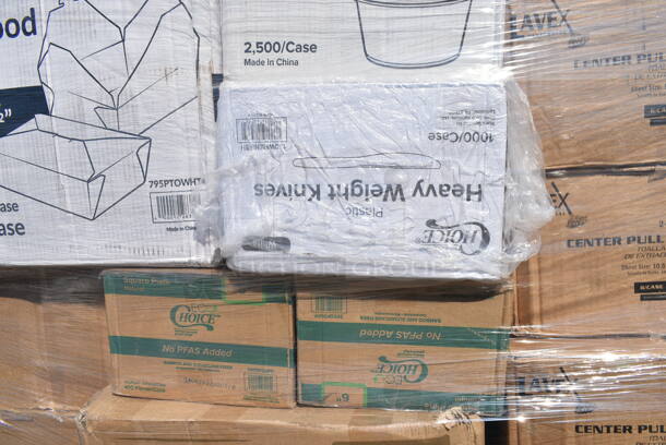 PALLET LOT of 44 BRAND NEW Boxes Including 2 Box 5002DNAPBLK Choice 15" x 17" Black Customizable 2-Ply Paper Dinner Napkin - 1000/Case, 795PTOWHT4 Choice White Microwavable Folded Paper #4 Take-Out Container 7 3/4" x 5 1/2" x 3 1/2" - 160/Case, 347SLWG16 Visions 16 oz. Heavy Weight Clear Plastic Stemless Wine Glass - 64/Case, 2 Box 5002CPTE Lavex 2-Ply White Center Pull Paper Towel 510' Roll - 6/Case, 433NHT004 Choice 1/5 Large Size White Heavy-Duty Unprinted Plastic T-Shirt Bag - 500/Case, 2 Box 395SP06PF EcoChoice No PFAS Added 6" x 6" Natural Bagasse Blend Square Plate - 400/Case, Bakers Lane Pie Pan, 2 Box 500PMGREEKGD Choice 10" x 14" Greek Key Gold Placemat - 1000/Case, 612W45 Choice 10 3/4" x 14" Insulated Foil Sandwich Wrap Sheets - 2000/Case, 128HDLDBULK ChoiceHD Microwavable Translucent Plastic Deli Container Lid - 480/Case, 795KFT44RNPLA EcoChoice 44 oz. Round Kraft Bio-Lined Compostable Take-Out Container 2 5/8" x 7 5/16" - 300/Case. 44 Times Your Bid!  - Image 10 of 12