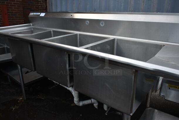 Stainless Steel Commercial 3 Bay Sink w/ Dual Drain Boards and Right Side Under Shelf. Bays 18x24. Drain Boards 22x26 - Image 9 of 9