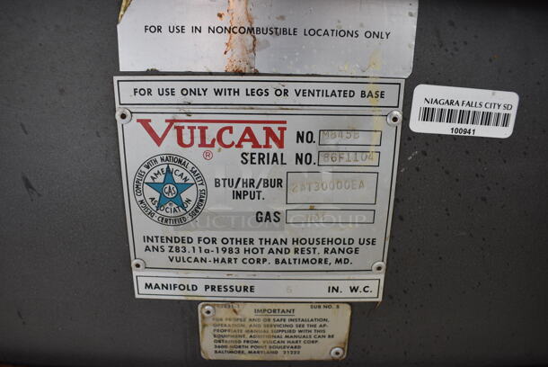 Vulcan Model M8458 Metal Commercial Natural Gas Powered 2 Burner Range w/ Over Shelf and Back Splash. 34x38.5x61 - Image 5 of 6