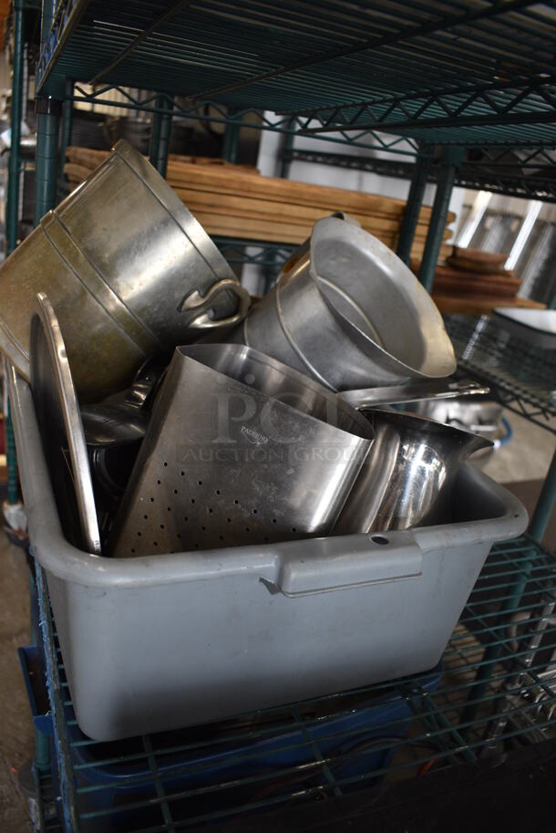 ALL ONE MONEY! Lot of Various Metal Items Including Lids, Bucket and Pitcher in Gray Bus Bin! - Image 3 of 4