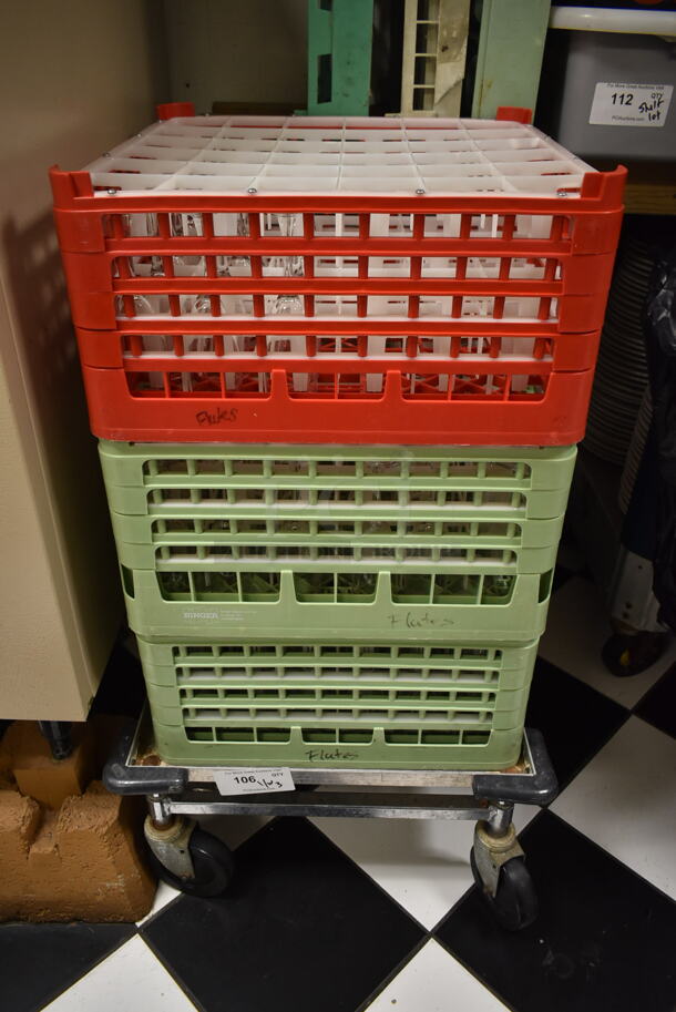 Metal Dolly on Commercial Casters w/ 3 Poly Dish Caddies and Contents. (ice room) - Image 1 of 4