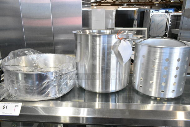 3 BRAND NEW SCRATCH AND DENT! Items Including 471ASTB20 Choice 20 Qt. Aluminum Stock Pot Steamer Basket, 471ASTB20ST Choice 20 Qt. Standard Weight Aluminum Stock Pot with Steamer Basket and Cover, Metal Stock Pot. 3 Times Your Bid!  - Image 2 of 9