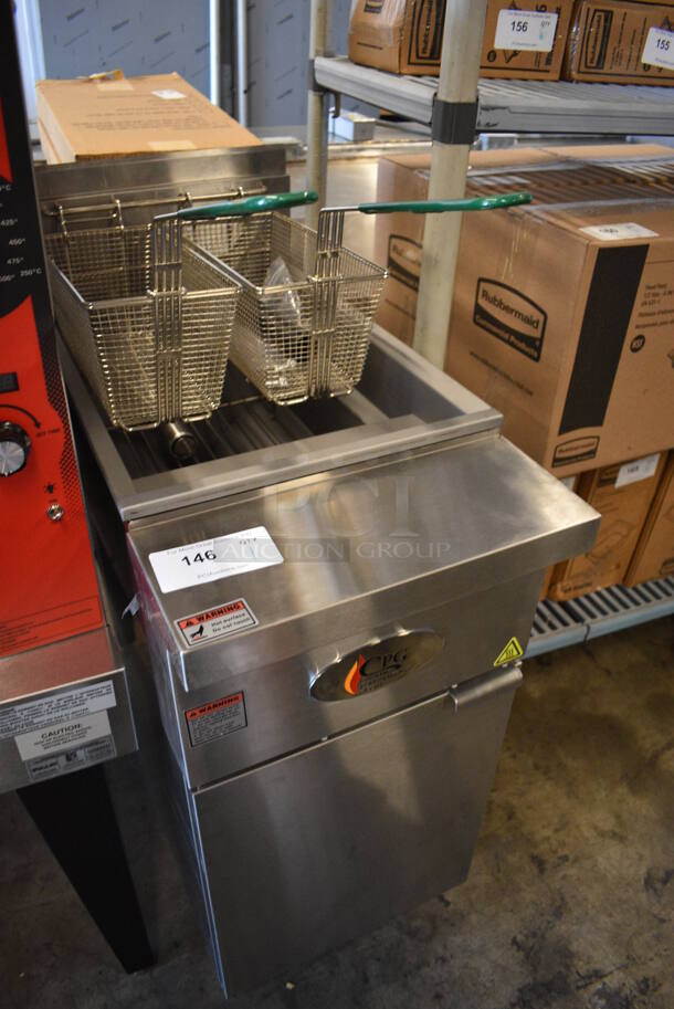 2021 CPG 351FFOP40N Stainless Steel Commercial Floor Style Natural Gas Powered Deep Fat Fryer w/ 2 Metal Fry Baskets. 90,000 BTU. Unit Was Only Used Once! 15.5x33x43. Tested and Working! - Image 3 of 7