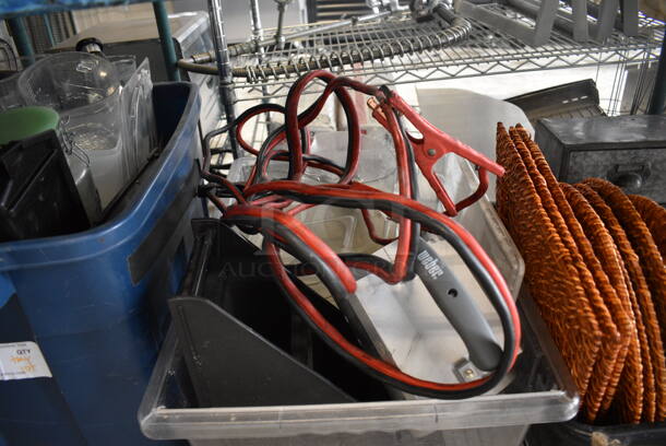 ALL ONE MONEY! Lot of 3 Bins of Various Items Including Jumper Cables, Wicker Chargers, Metal 3 Drawer, Glass Liquid Measuring Cup and Poly Items! - Image 3 of 7