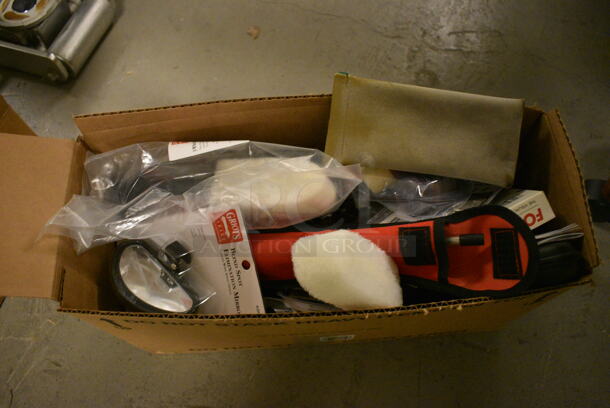 Box of Various Items Including Blind Spot Mirror, Brushes, Detailing Rod System, and 9 in 1 Screwdriver Bit Set 