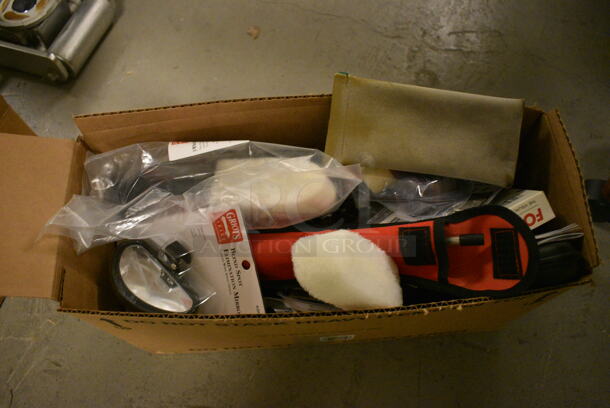 Box of Various Items Including Blind Spot Mirror, Brushes, Detailing Rod System, and 9 in 1 Screwdriver Bit Set  - Image 1 of 7