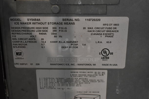 Manitowoc SY0454A Stainless Steel Commercial Ice Machine Head on Commercial Ice Bin. 115 Volts, 1 Phase.  - Image 4 of 4