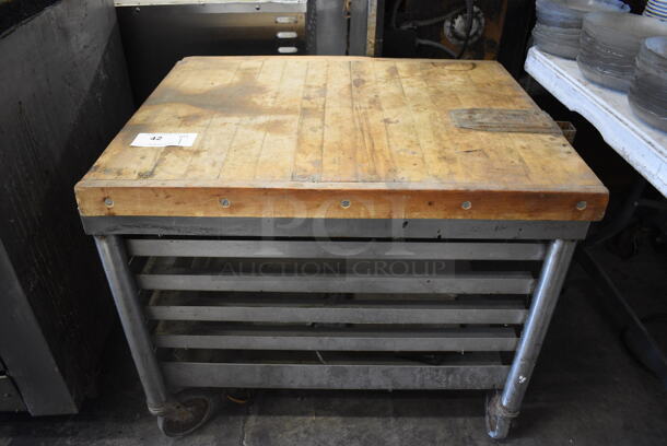 Metal Commercial Rack w/ Butcher Block Countertop and Commercial Can Opener Mount on Commercial Casters. 31x26x27.5