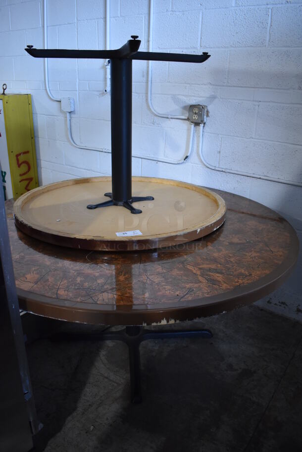 2 Various Round Leaf Patterned Tabletops on Metal Table Base. 42x42x30, 60x60x30. 2 Times Your Bid!