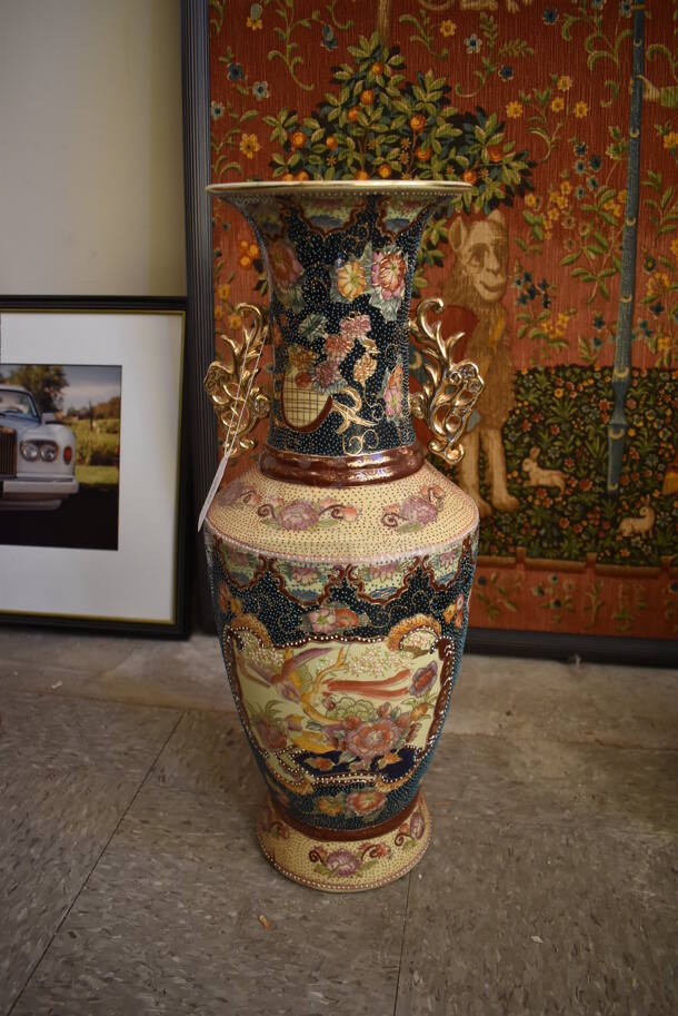 Ornate Multicolored Vase w/ Floral Motif Featuring a Bird in Flight. - Image 2 of 10