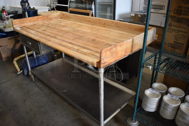 Butcher Block Table w/ Back Splash, Side Splash Guards, Drawer and Under Shelf on Commercial Casters. 68x35x39.5