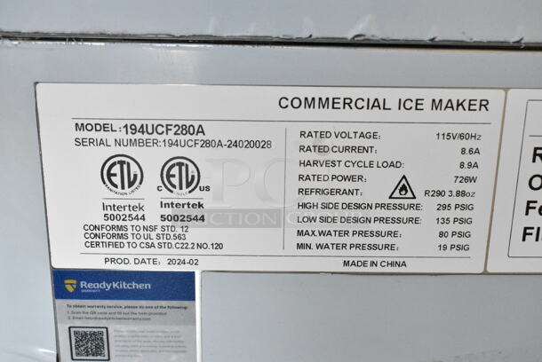 BRAND NEW SCRATCH AND DENT! 2024 Avantco 194UCF280A Stainless Steel Commercial Undercounter Full Cube Ice Machine - 299 lb. 115 Volts, 1 Phase.   - Image 10 of 10
