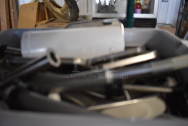 ALL ONE MONEY! Lot of Various Metal Pieces to Server Pumps in Gray Poly Bus Bin - Image 2 of 5