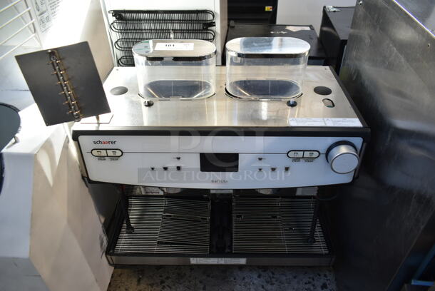 2018 Schaerer Barista Stainless Steel Commercial Countertop 2 Group Espresso Machine w/ 2 Steam Wands and 2 Hoppers. Missing Hopper Lids. 208/240 Volts, 1 Phase.