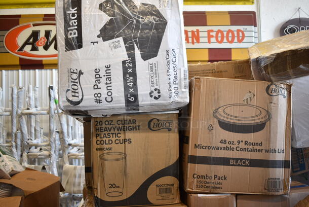 PALLET LOT of 31 BRAND NEW Boxes Including 2 Box PP883-BK Ecopax Hinge Containers, 2 Box 50010W Choice 10 oz. White Poly Paper Hot Cup - 1000/Case, 129MCR50B Choice 43 oz. Black Round Microwavable Heavy Weight Container with Lid 9" - 150/Case, 500CC20HD 20 oz. Plastic Cold Cup - 600/Case, 2 Box 129MCS28B Choice 28 oz. Black Rectangular Microwavable Heavy Weight Container with Lid 8 3/4" x 6 1/4" x 1 3/4" - 150/Case, 128HD8COMBO ChoiceHD 8 oz. Microwavable Translucent Plastic Deli Container and Lid Combo Pack - 240/Case, 164CUSHMCMVN Lancaster Table & Seating Vintage Wood Seat for Mid-Century Chairs and Barstools, 2 Box Tablecraft 8032A PourMaster Complete 1 Qt. White Pour Bottle Kit with Assorted Color Spouts and Caps - 12/Pack, Choice 24" White Disposable Polypropylene Bouffant Cap - 100/Pack, 50020W Choice 20 oz. White Poly Paper Hot Cup - 600/Case, 600SOS1236 Regency Stainless Steel Single Deck Overshelf - 12" x 36" x 19 1/4", 5 Box 4331824PEA Choice 18" x 24" Pink / Peach Butcher Paper Sheets - 1000/Case, 12" Corrugated White Circles, 3698239413 Frymaster 8239413 20 3/8" x 28" Stainless Steel Fryer Cover for MJ1CF and MJCF Series, 795PTOBK8 Choice Black Microwavable Folded Paper #8 Take-Out Container 6" x 4 3/4" x 2 1/2" - 300/Case, 303BWREB16 Acopa 16 oz. Bright White Wide Rim Rolled Edge Rim Stoneware Soup and Pasta Bowl - 12/Case, 795PTOKFT3 Choice Kraft Microwavable Folded Paper #3 Take-Out Container 7 3/4" x 5 1/2" x 2 1/2" - 200/Case, 502404816CL Lavex 40-45 Gallon 16 Micron 40" x 48" High Density Janitorial Can Liner / Trash Bag - 250/Case. 31 Times Your Bid!  - Image 3 of 12