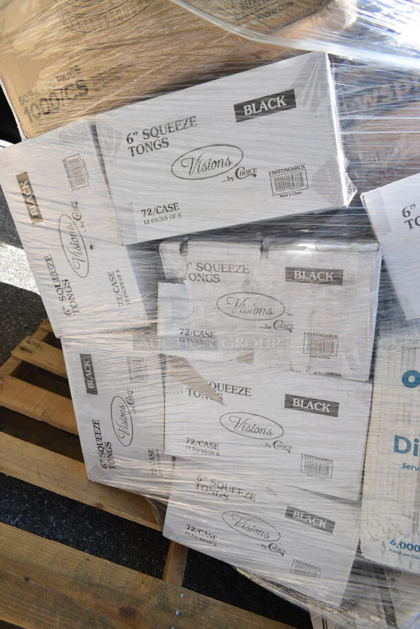 PALLET LOT of 29 BRAND NEW Boxes Including 6 Box 130TONG6BLK Visions 6" Black Disposable Plastic Tongs - 72/Case, 500LSTRWLW Choice 9, 12, 16, 20, and 24 oz. Clear Sip-Through Lid with Extra-Wide Opening - 1000/Case, 966UPWIDEB-500 OneUp by Choice White 2-Ply Wide Interfold 6 1/2" x 8 1/2" Dispenser Napkin - 6000/Case, 760FFLRGNEWS Choice Large 16 oz. Paper Scoop Cup with Newsprint Design - 1000/Case, 500CC12 12 oz. Plastic Cold Cup - 1000/Case, 1504381M Carnival King 6" x 3/4" x 6 1/2" Large Foil Hamburger / Sandwich Bag - 1000/Case, 500CC12HD 12 oz. Plastic Cold Cup - 1000/Case, 500LSTRWLW Choice 9, 12, 16, 20, and 24 oz. Clear Sip-Through Lid with Extra-Wide Opening - 1000/Case. 29 Times Your Bid!  - Image 2 of 12