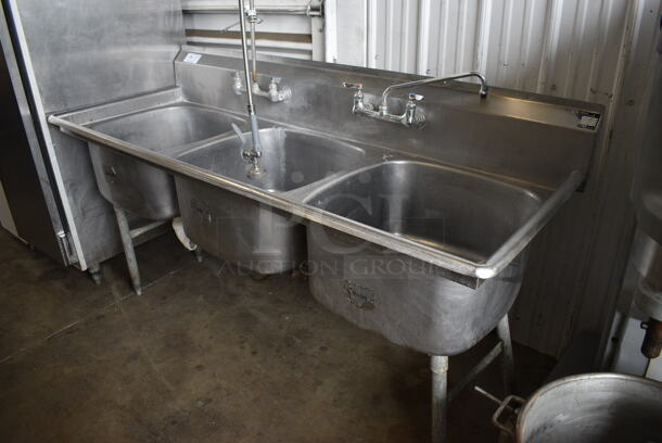 Stainless Steel Commercial 3 Bay Sink w/ Faucet, 2 Handle Sets and Spray Nozzle Attachment. 75x28x42. Bays 22x22x11 - Image 5 of 5