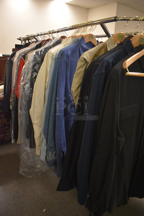 Clothing Rack Lot of Various Men's Clothing Including Blazers, Jackets, Long Sleeve Shirts, and Sports Jackets. Clothing Racks Not Included!