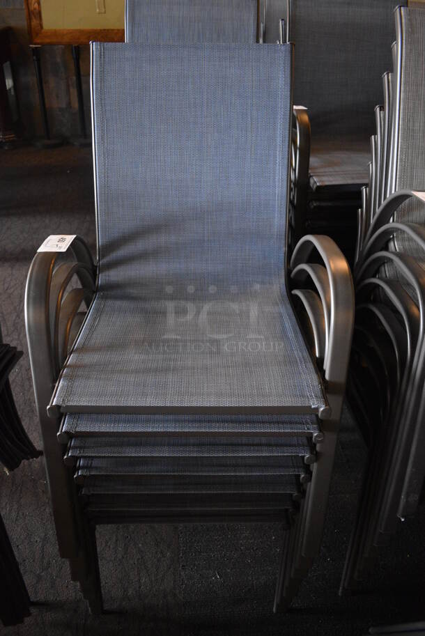 8 Metal Gray Outdoor Patio Chairs w/ Blue Seat and Arm Rests. BUYER MUST REMOVE. 22x24x36. 8 Times Your Bid! (Susquehanna Ale House)
