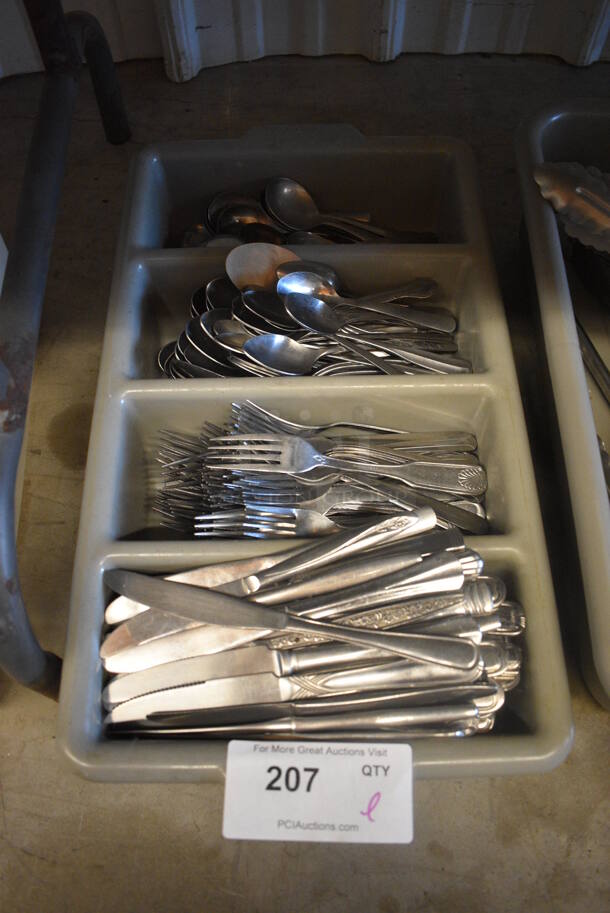 ALL ONE MONEY! Lot of Various Silverware Including Spoons, Forks and Knives in Gray Silverware Caddy!