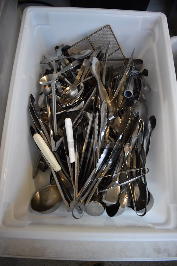 ALL ONE MONEY! Lot of Various Metal Utensils Including Tongs and Skimmer in White Poly Bin!