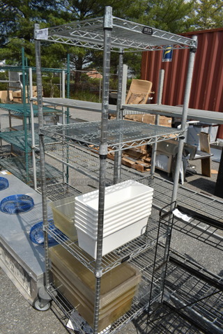 Chrome Finish 4 Tier Wire Shelving Unit on Commercial Casters w/ Contents Including White Poly Bins. BUYER MUST DISMANTLE. PCI CANNOT DISMANTLE FOR SHIPPING. PLEASE CONSIDER FREIGHT CHARGES.