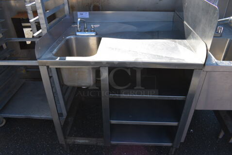 Stainless Steel Commercial Table w/ Sink Basin, Faucet, Handles, Side Splash Guards and Under Shelves. 36x31x38. Bay 10x14x9