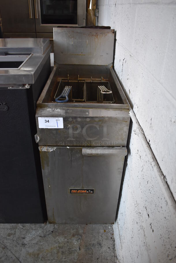 Tri Star Stainless Steel Commercial Floor Style Propane Gas Powered Deep Fat Fryer w/ 2 Metal Fry Baskets.