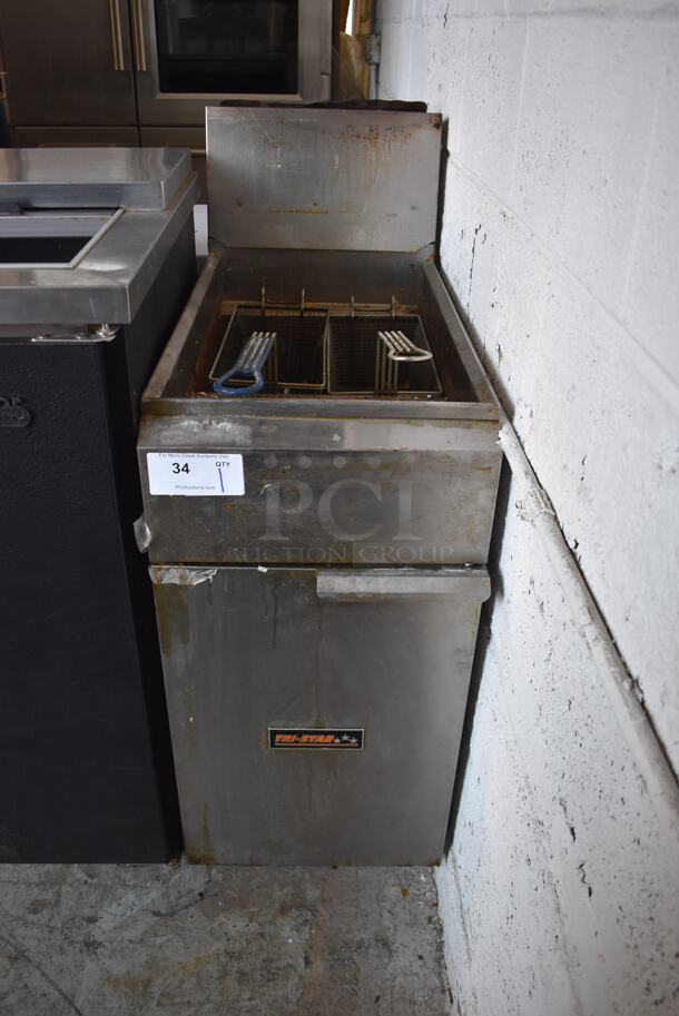 Tri Star Stainless Steel Commercial Floor Style Propane Gas Powered Deep Fat Fryer w/ 2 Metal Fry Baskets. - Image 1 of 4