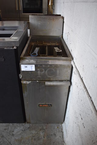 Tri Star Stainless Steel Commercial Floor Style Propane Gas Powered Deep Fat Fryer w/ 2 Metal Fry Baskets.