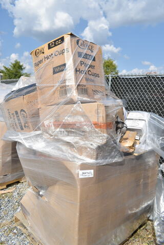 PALLET LOT of 25 BRAND NEW Boxes Including 50012W Choice 12 oz. White Poly Paper Hot Cup - 1000/Case, Dart PET16B PresentaBowls 16 oz. Clear Plastic Bowl - 504/Case, 130SVFRK6000H Visions 7 1/4" Silver Hammersmith Heavy Weight Silver Plastic Fork - 600/Case, 164CMTLADFR Wooden Chair Back Piece, 6903216WEB WebstaurantStore 1 Qt. (4 Cups) Clear Plastic Measuring Cup, Regency 600SVWGHDHR 5 GPM Heavy-Duty Front Trigger Water Gun for Hose Reel, 130BKFKNSPH Choice Black Heavy Weight Wrapped Plastic Fork and Knife Cutlery Pack with Napkin and Salt and Pepper Packets - 250/Case. 25 Times Your Bid! 