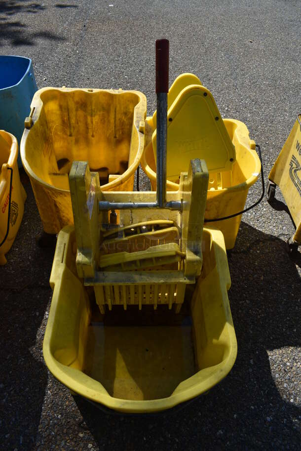 3 Various Yellow Mop Buckets w/ 2 Wringing Attachment. Includes 15x20x18. 3 Times Your Bid!