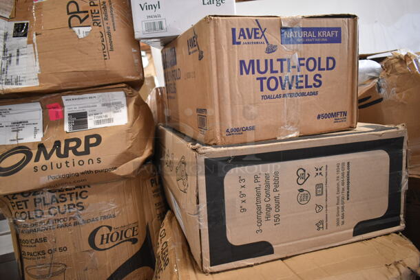 PALLET LOT of 25 BRAND NEW Boxes Including 12224X1HD Choice 24" x 1000' Food Service Heavy-Duty Aluminum Foil Roll, 129MCS38B Choice 38 oz. Black Rectangular Microwavable Heavy Weight Container with Lid 8 3/4" x 6 1/4" x 2" - 150/Case, 3 Box 130HBKCUTFW Visions Individually Wrapped Black Heavy Weight Plastic Fork - 1000/Case, 127P2C Choice Clear Plastic Souffle Cup / Portion Cup - 2 oz. - 2500/Case, 4070029 Choice Full Size 2 1/2" Deep 24 Gauge Anti-Jam Stainless Steel Steam Table / Hotel Pan, 500MFTN Lavex Natural Brown Kraft M-Fold (Multifold) Towel - 4000/Case, 394365L Noble Products Powder-Free Disposable Clear Vinyl Gloves for Foodservice - Large - 1000/Case. 25 Times Your Bid! - Image 6 of 10