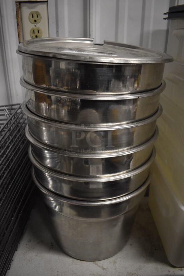6 Stainless Steel Cylindrical Drop In Bins w/ 1 Lid. 11.5x11.5x9. 6 Times Your Bid!