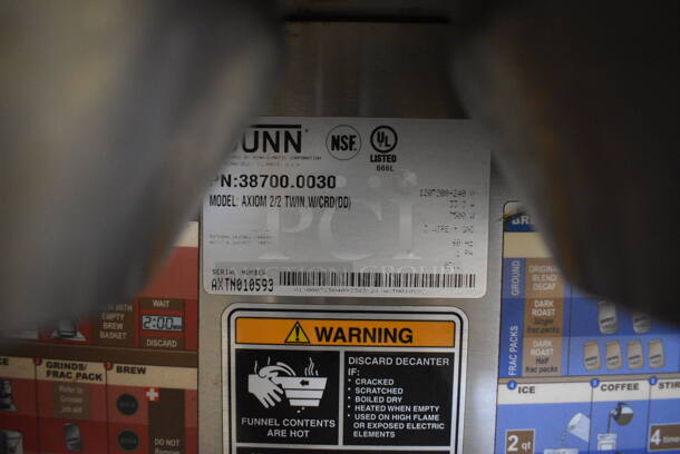 2012 Bunn Model AXIOM 2/2 TWIN Stainless Steel Commercial Countertop 4 Burner Coffee Machine w/ 2 Metal Brew Baskets. 120/208-240 Volts, 1 Phase. 16x18x23 - Image 5 of 6