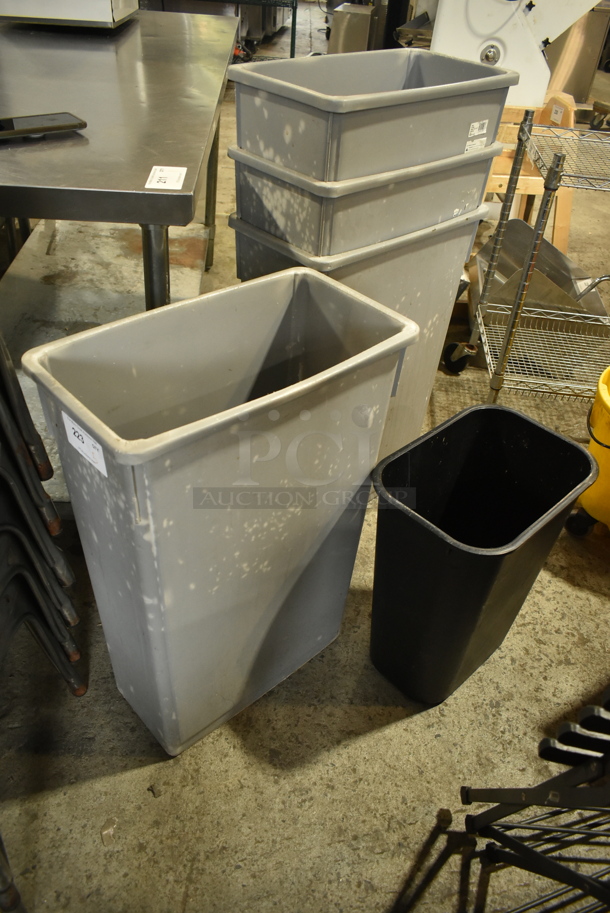 5 Various Poly Trash Cans Including 4 Gray Slim Jim Trash Cans. 5 Times Your Bid!