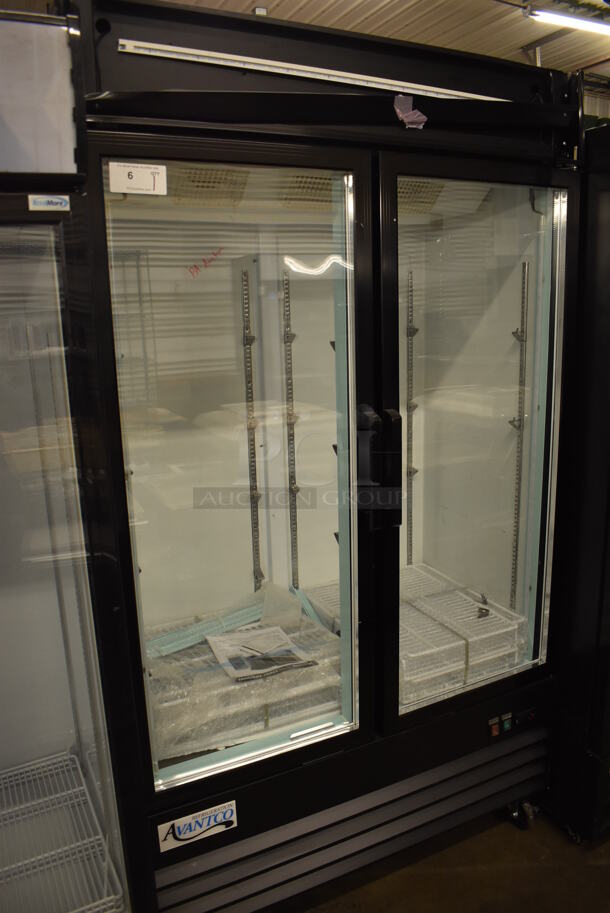BRAND NEW SCRATCH AND DENT! Avantco 178GDC40HCB Metal Commercial 2 Door Reach In Cooler Merchandiser w/ Poly Coated Racks on Commercial Casters. 115 Volts, 1 Phase. 48x29x85. Tested and Working! - Image 2 of 5