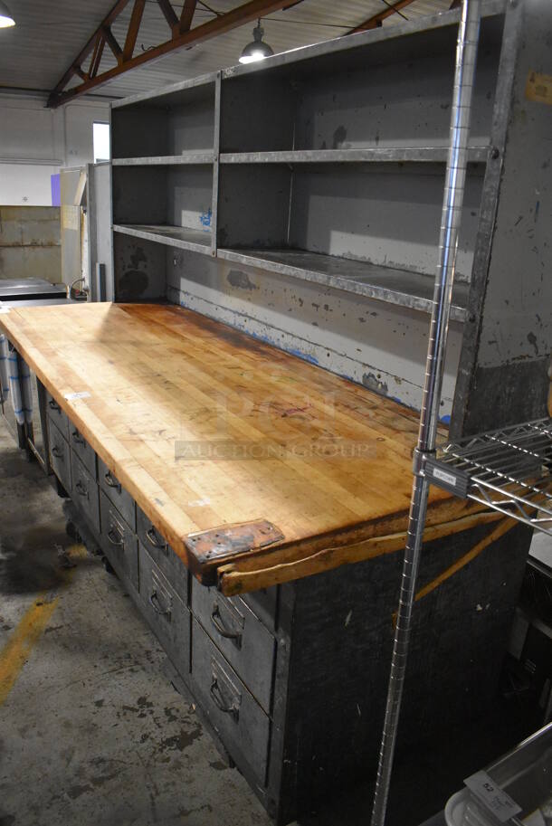 Metal Commercial Bakery Table w/ Butcher Block Countertop, Metal Over Shelves and 20 Drawers. 98x36x78 - Image 12 of 12