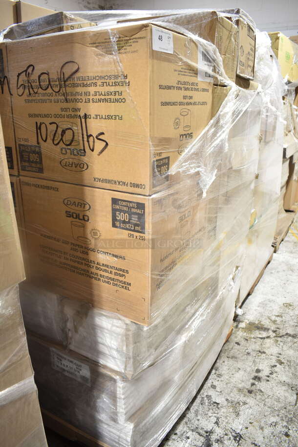 PALLET LOT of 35 BRAND NEW Boxes Including Dart 16 oz Flexstyle DSP Paper Food Containers and Lids, 209MBZENO10 ZENO Clear Square Cup, 11x6x11-1/16 White Die Cut. 35 Times Your Bid!  - Image 1 of 5
