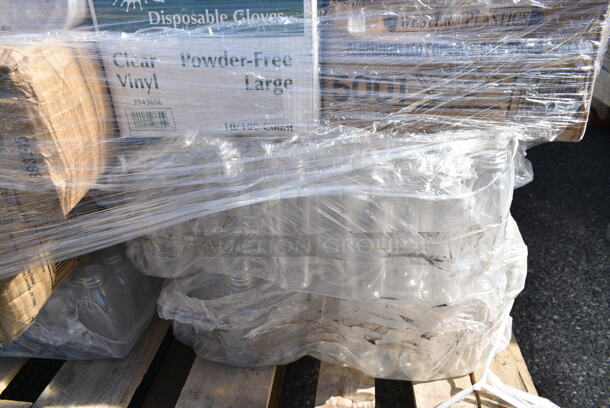 PALLET LOT of 19 BRAND NEW Boxes Including 500CC32P Choice Clear PET Plastic Cold Cup - 32 oz. - 500/Case, 394365L Noble Products Disposable Gloves Large, 612LOB15LBDC Choice 1.5 lb. Deep Oblong Foil Take-Out Container with Board Lid - 250/Case, 999PCC16W Choice 16 oz. White Poly Paper Cold Cup - 50/Pack, 500TW16S Choice 16 oz. Translucent Thin Wall Squat Plastic Cold Cup - 1000/Case. 19 Times Your Bid!  - Image 10 of 12
